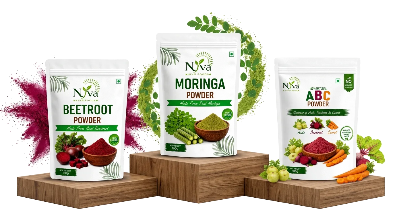Niva Foods Real Product Pouches — Beetroot, Moringa, ABC Powder